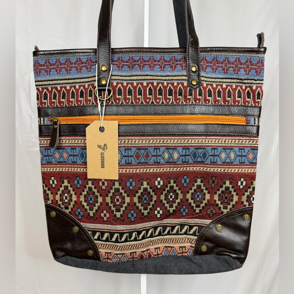 Anngoti Western Aztec Canvas Leather Tote Bag Boho Large NWT
